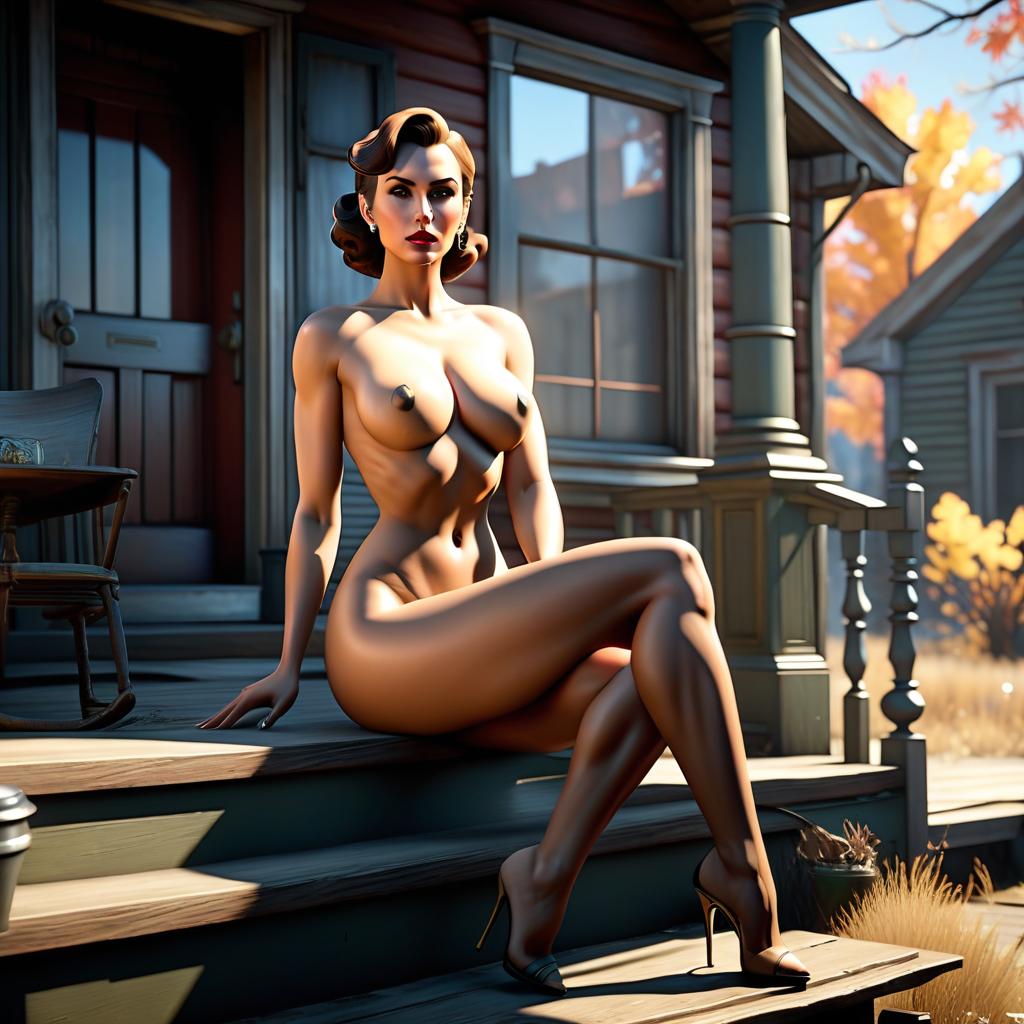  breathtaking A picture in the style of Fallout 4, a naked woman is sitting on the porch of a house. . award winning, professional, highly detailed hyperrealistic, full body, detailed clothing, highly detailed, cinematic lighting, stunningly beautiful, intricate, sharp focus, f/1. 8, 85mm, (centered image composition), (professionally color graded), ((bright soft diffused light)), volumetric fog, trending on instagram, trending on tumblr, HDR 4K, 8K