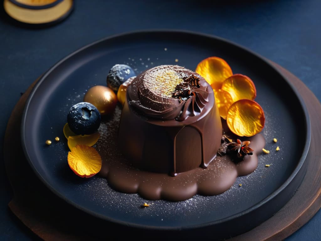  An image of a single, perfectly sculpted, glossy chocolate truffle sitting elegantly on a sleek, matte black plate. The truffle is delicately dusted with a sprinkle of gold flakes, reflecting a soft, warm light that highlights its smooth, flawless surface. The background is a subtle gradient from deep indigo to midnight black, creating a sophisticated and modern ambiance. The composition exudes luxury and simplicity, embodying the essence of minimalist desserts with an air of exquisite indulgence. hyperrealistic, full body, detailed clothing, highly detailed, cinematic lighting, stunningly beautiful, intricate, sharp focus, f/1. 8, 85mm, (centered image composition), (professionally color graded), ((bright soft diffused light)), volumetric fog, trending on instagram, trending on tumblr, HDR 4K, 8K