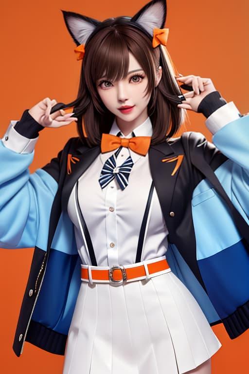  masterpiece, best quality, 1, solo, animal ears, bow, teeth, jacket, tail, open mouth, brown hair, orange background, bowtie, orange nails, simple background, cat ears, orange eyes, blue bow, animal ear fluff, cat tail, looking at viewer, upper body, shirt, uniform, hood, striped bow, striped, white shirt, black jacket, blue bowtie, fingernails, long sleeves, cat , bangs, fangs, collared shirt, striped bowtie, short hair, tongue, hoodie, sharp teeth, facial mark, claw pose hyperrealistic, full body, detailed clothing, highly detailed, cinematic lighting, stunningly beautiful, intricate, sharp focus, f/1. 8, 85mm, (centered image composition), (professionally color graded), ((bright soft diffused light)), volumetric fog, trending on instagram, trending on tumblr, HDR 4K, 8K