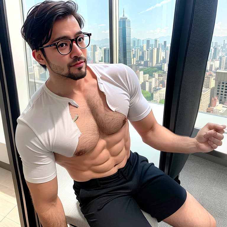  Elegant male boss in glasses, naked, sitting on a chair in the office. He has a six pack and a hairy chest, revealing a huge penis. The penis is hard and erect. From the office window, you can see the busy traffic downstairs and the Taipei 101 building in the distance.