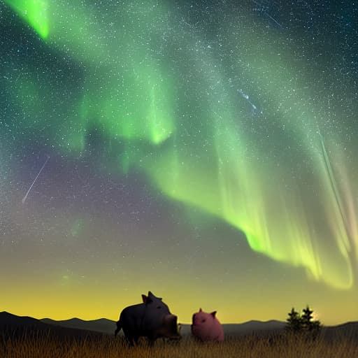  Two lovely pigs, standing on the lawn of the mountain top, in front of the continuous mountains, looking up is the bright Milky Way, under the vast starry sky there are dazzling aurora.