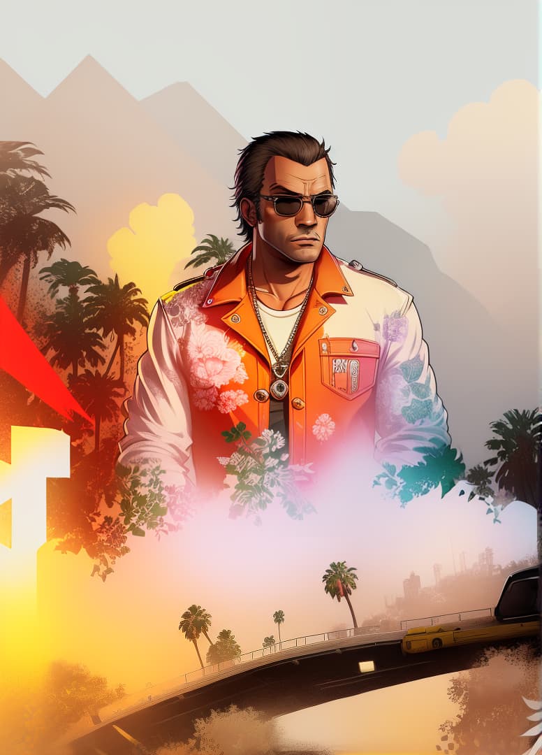  gtav style, (best quality), ((artwork-gta5 heavily stylized)), poster design, detailed, highly detailed, sunglasses, masterpiece, highres