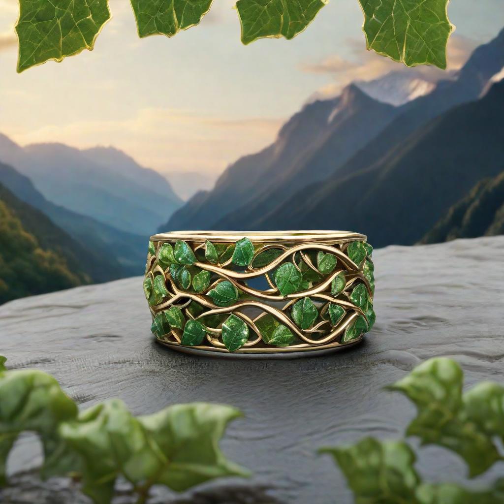  masterpiece, best quality, ring of ivy leafs with mountains and river inside