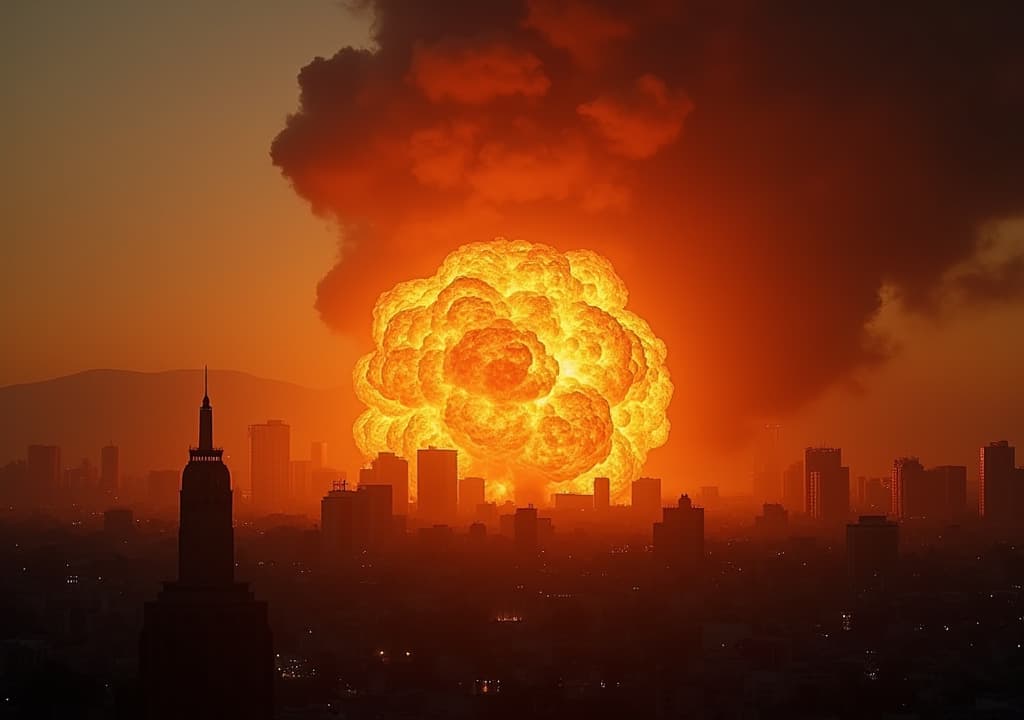  good quality, high quality, a dramatic scene showing a large explosion over an urban cityscape during sunset, capturing the power and intensity with fiery brilliance and vast destruction.