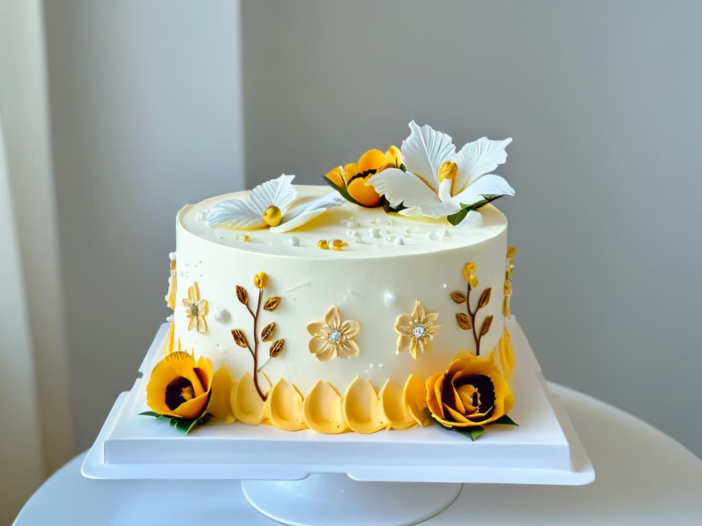  A closeup, ultradetailed image of a beautifully decorated threetiered cake with intricate piping, delicate sugar flowers, and shimmering edible gold accents. Each detail is meticulously crafted, showcasing the skill and artistry involved in creating a stunning centerpiece for a pastry menu. The cake sits on a sleek, white platter against a soft, blurred background, emphasizing the elegance and sophistication of the dessert. hyperrealistic, full body, detailed clothing, highly detailed, cinematic lighting, stunningly beautiful, intricate, sharp focus, f/1. 8, 85mm, (centered image composition), (professionally color graded), ((bright soft diffused light)), volumetric fog, trending on instagram, trending on tumblr, HDR 4K, 8K