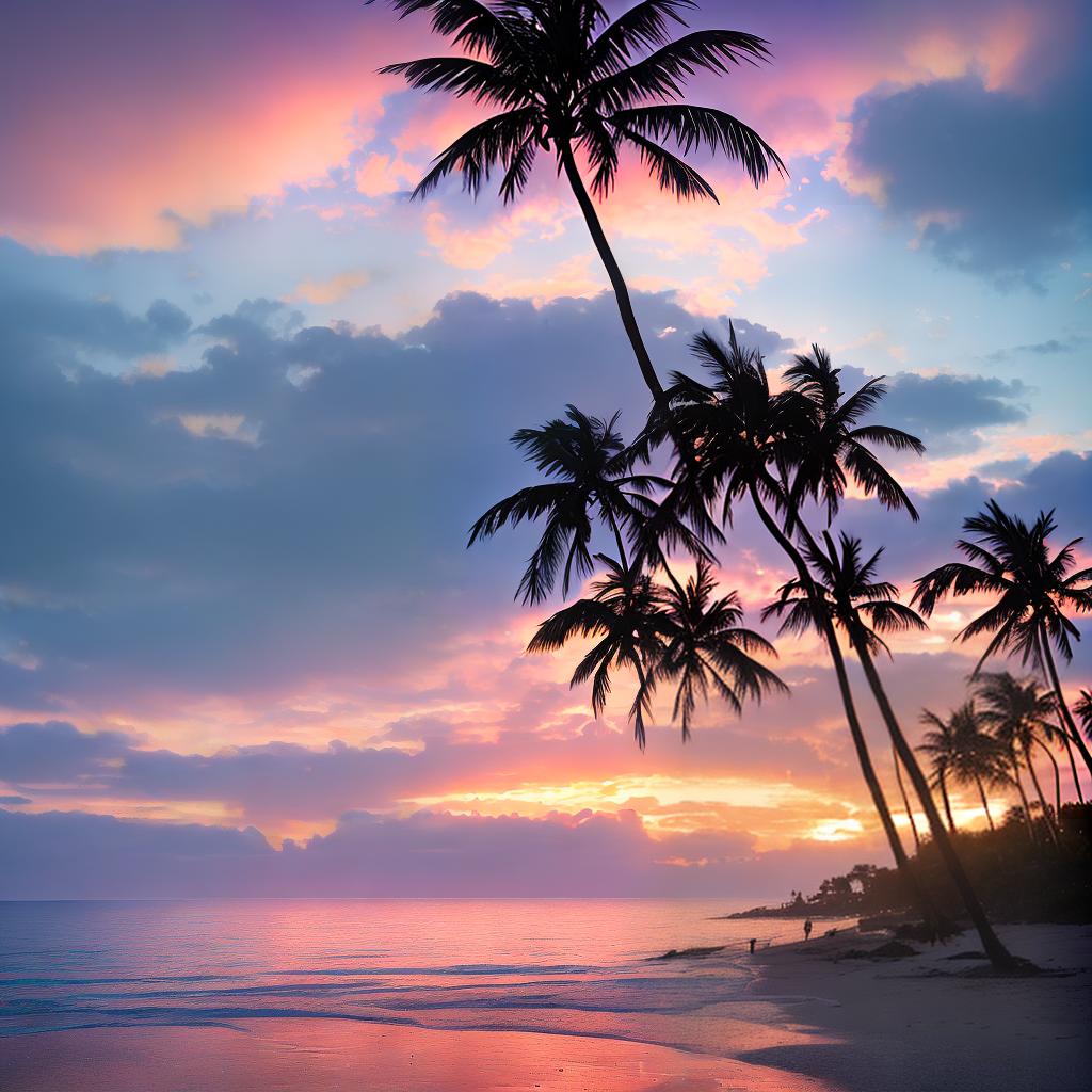  A ((masterpiece)),(((best quality))), 8k, high detailed, ultra-detailed photograph of a mesmerizing sunset at the beach. The main subject is a lone figure ((walking along the shoreline))), with the vibrant colors of the sky reflected on the wet sand. The scene is further enriched by ((palm trees)) swaying in the gentle breeze and a flock of birds ((silhouetted against the colorful sky))). The photograph captures a sense of tranquility and serenity, inviting viewers to immerse themselves in the beauty of the moment. The image is captured by a talented photographer known for their stunning landscape shots and can be purchased on their website in various print sizes. The resolution of the photograph is 8k, ensuring every detail is crisp and cl hyperrealistic, full body, detailed clothing, highly detailed, cinematic lighting, stunningly beautiful, intricate, sharp focus, f/1. 8, 85mm, (centered image composition), (professionally color graded), ((bright soft diffused light)), volumetric fog, trending on instagram, trending on tumblr, HDR 4K, 8K