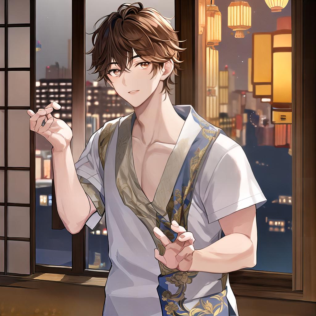  masterpiece, best quality, high quality, a cute guy with brown wavy hair short hair, middle part, boy, pale skin, narrow eyes, brown eye color, medium-sized lips, muscular, not too muscular, with jawline, night window background, tokyo, japan, night, aesthetic