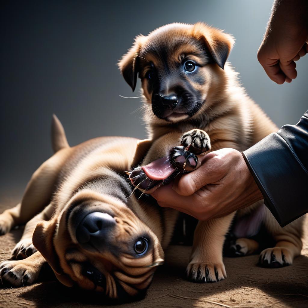  a man's hand lies in the puppy's mouth. A puppy bites a man's finger, the man is covered in scratches and marks from puppy bites. hyperrealistic, full body, detailed clothing, highly detailed, cinematic lighting, stunningly beautiful, intricate, sharp focus, f/1. 8, 85mm, (centered image composition), (professionally color graded), ((bright soft diffused light)), volumetric fog, trending on instagram, trending on tumblr, HDR 4K, 8K