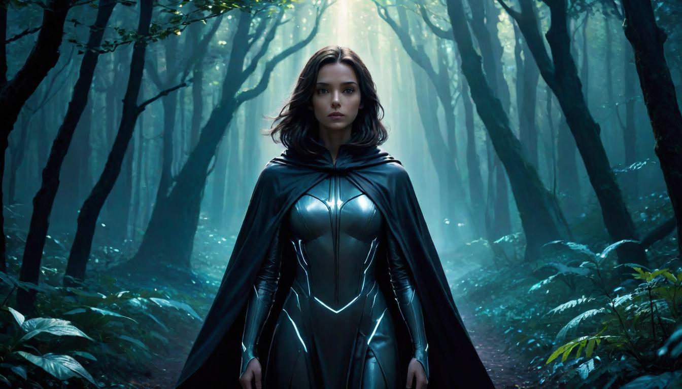  1girl, large busted attractive brunette arian female humanoid, enveloped in a cloak of light, standing at the crossroads of an enchanted forest, a faint path glowing ahead, signifying choices and evolution, high tech clothing clad in sleek, futuristic costume with metallic accents and form fitting designs, marvel superhero comics style, unreal engine rendering