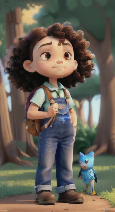  {Riley standing under the tree with eyes closed, making the wish., Riley, a curious with big brown eyes and curly hair, wearing overalls and carrying a small backpack. Their friend, Skye, a bluebird with shiny feathers.