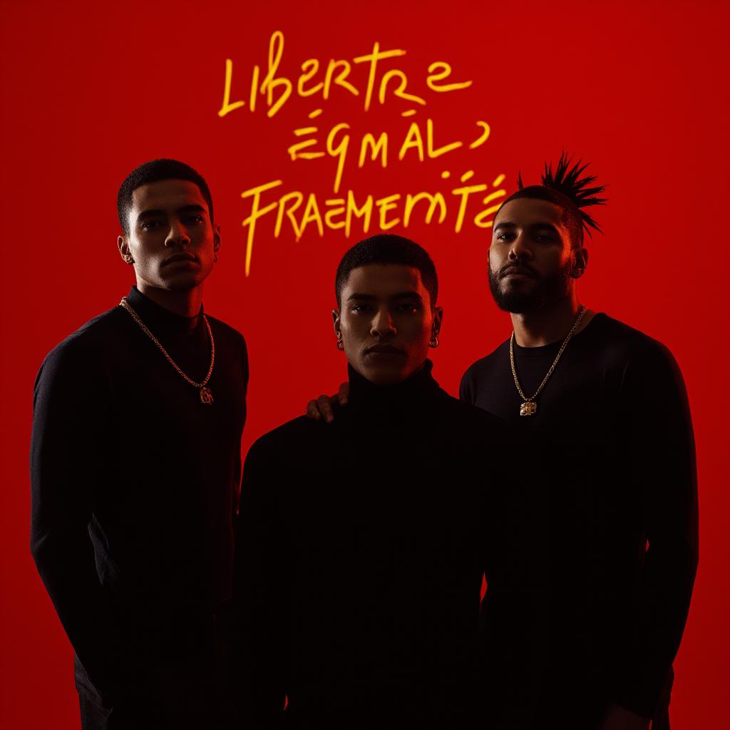  good quality, high quality, a detailed portrait of three rappers in a "red room" ambiance, dressed in black, embodying the concept of the "three wise monkeys." the rappers are positioned in front of a background featuring light painting in cursive yellow writing that reads "liberté, égalité, fraternité." warm, red ambient lighting with soft highlights. created using: nikon d850, rembrandt lighting, contemporary art influence, high dynamic range, expressive shadows, detailed textures, street fashion elements, hip hop aesthetic, hd quality, natural look ar 2:3