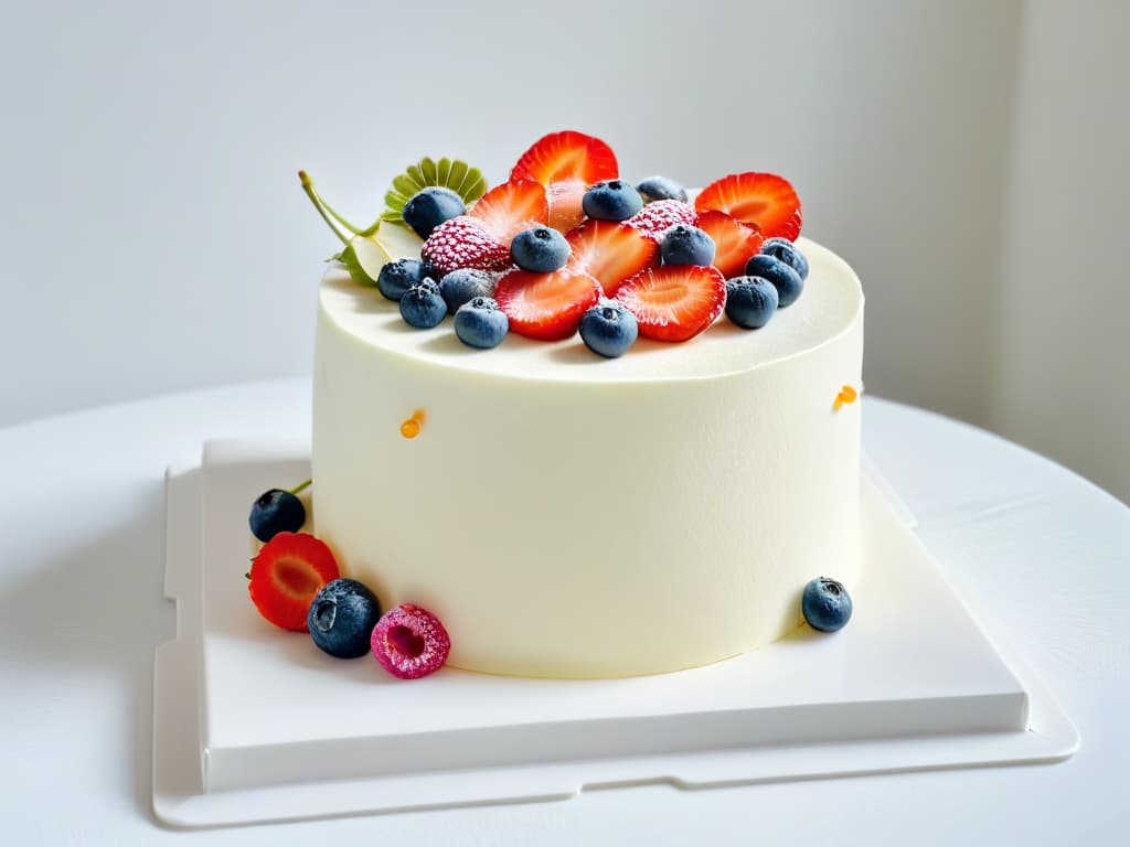  A minimalistic image of a beautifully decorated vegan cake with intricate floral designs made from fresh fruits and edible flowers, displayed on a sleek white marble countertop. The cake is elegantly lit, showcasing its vibrant colors and artistic details, while the background remains softly blurred to keep the focus on the exquisite dessert masterpiece. hyperrealistic, full body, detailed clothing, highly detailed, cinematic lighting, stunningly beautiful, intricate, sharp focus, f/1. 8, 85mm, (centered image composition), (professionally color graded), ((bright soft diffused light)), volumetric fog, trending on instagram, trending on tumblr, HDR 4K, 8K