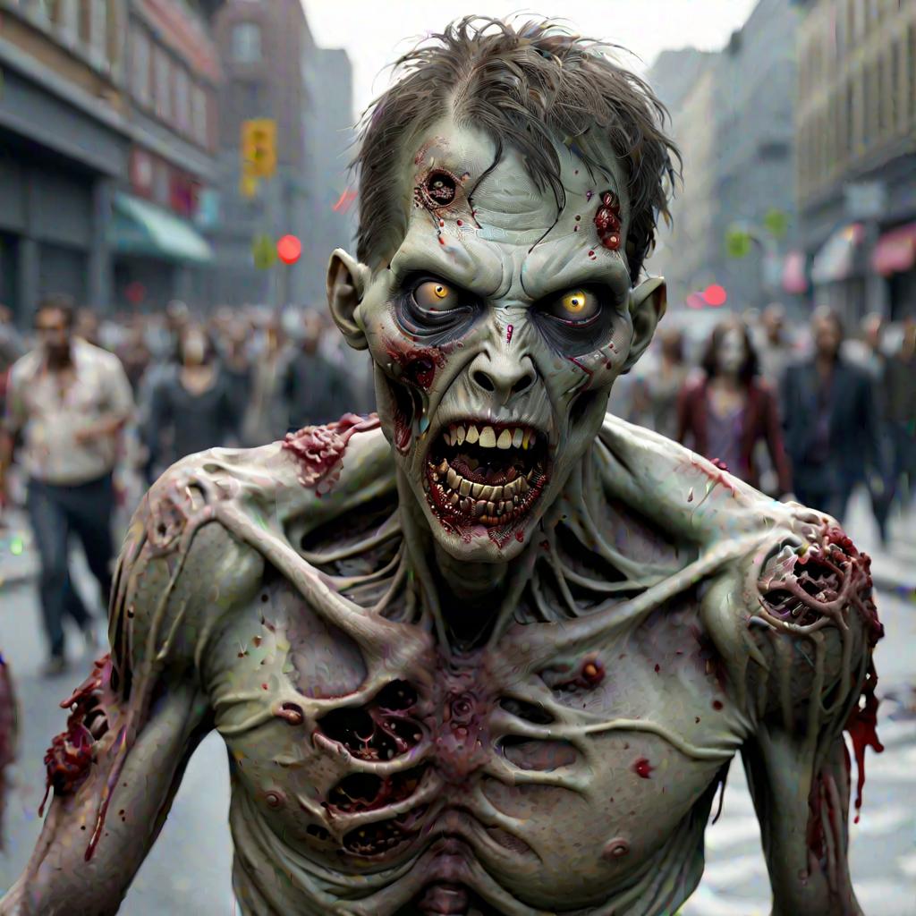  A zombie walking in a city, (4k, best quality, masterpiece:1.2), ultrahigh res, highly detailed, sharp focus, (perfect image composition)