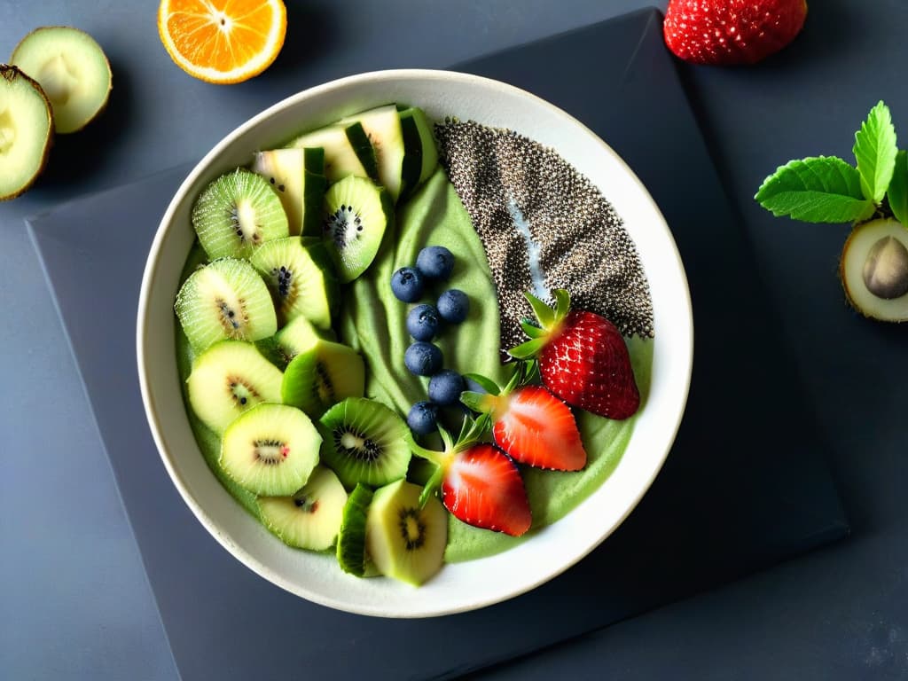  A closeup, ultradetailed image of a vibrant green smoothie bowl topped with sliced strawberries, chia seeds, and a perfectly sliced kiwi, all sitting on a sleek, white marble countertop. The lighting is soft, casting a gentle shadow of the bowl onto the surface, enhancing the freshness and appeal of the vegan dessert. hyperrealistic, full body, detailed clothing, highly detailed, cinematic lighting, stunningly beautiful, intricate, sharp focus, f/1. 8, 85mm, (centered image composition), (professionally color graded), ((bright soft diffused light)), volumetric fog, trending on instagram, trending on tumblr, HDR 4K, 8K