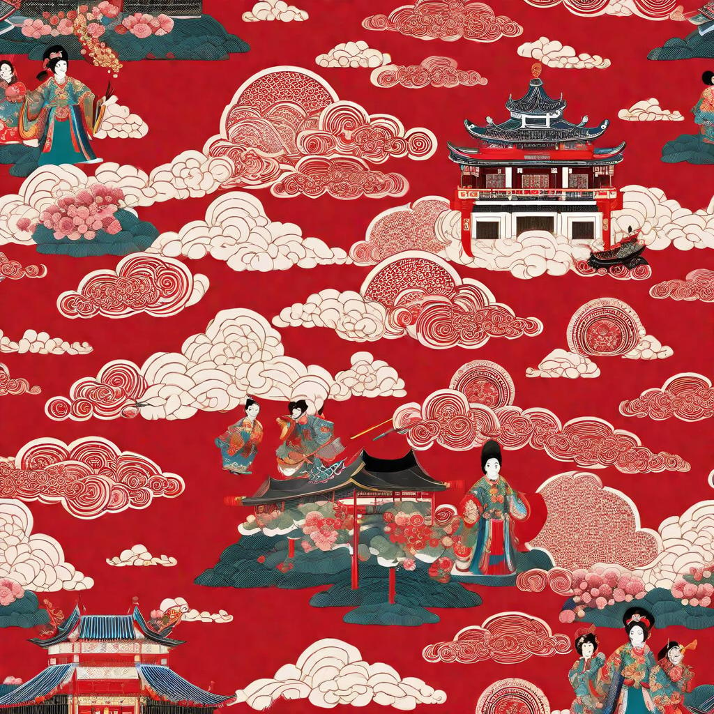  masterpiece, best quality,Peking Opera Guan Erye, Chinese scale cloud pattern, red ink background, line draft