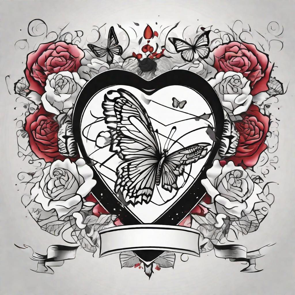  masterpiece, best quality, tattoo black and white style art of a heart with a blank banner surroundind it with roses and butterflies around