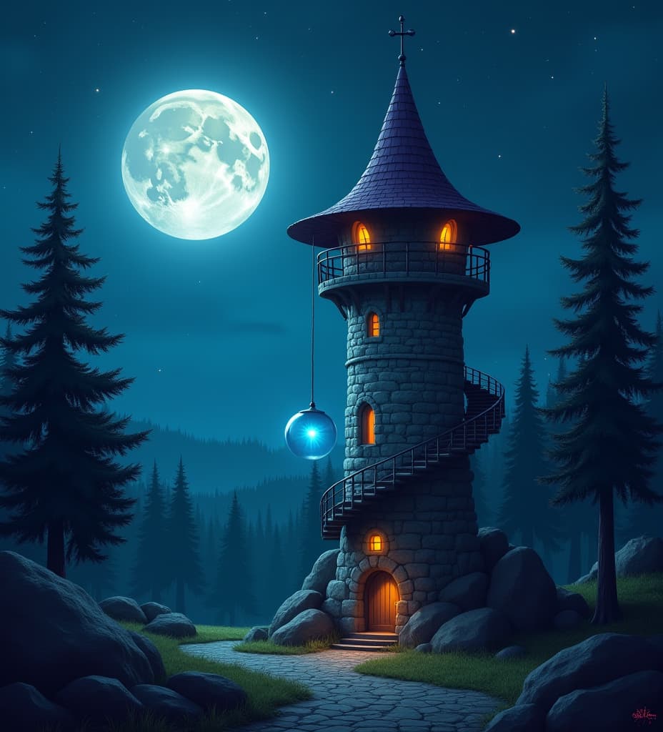  good quality, high quality, a fantasy setting of a wizard tower at night with a full moon. the tower is made of stone and has a spiral staircase. there's a glowing orb floating near the tower. the background reveals a mystical forest with tall trees. the sky is clear with a few stars.