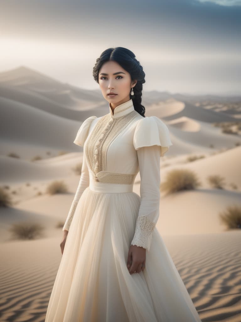  Half body portrait,Young Asian girl wear Desert Victorian Dress in Antique white standing in Desert,black hair, look at to camera, cinematic lighting, stunningly beautiful, intricate, sharp focus, f/1. 8, 85mm, (professionally color graded), ((bright soft diffused light)), volumetric fog, trending on instagram, trending on tumblr, HDR 4K, 8K hyperrealistic, full body, detailed clothing, highly detailed, cinematic lighting, stunningly beautiful, intricate, sharp focus, f/1. 8, 85mm, (centered image composition), (professionally color graded), ((bright soft diffused light)), volumetric fog, trending on instagram, trending on tumblr, HDR 4K, 8K