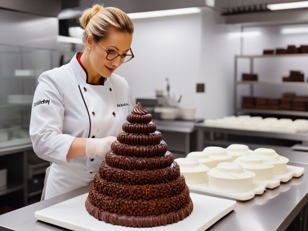  A closeup, photorealistic image of a skilled chocolatier meticulously handcrafting a decadent chocolate sculpture. The chocolatier is wearing a crisp white chef's coat, and the focus is on their precise hand movements as they delicately mold the chocolate into intricate shapes. The workspace is immaculate, with shiny tools neatly arranged, and there are glimpses of rich, velvety chocolate in various stages of preparation. The lighting is soft and warm, enhancing the luxurious feel of the scene. hyperrealistic, full body, detailed clothing, highly detailed, cinematic lighting, stunningly beautiful, intricate, sharp focus, f/1. 8, 85mm, (centered image composition), (professionally color graded), ((bright soft diffused light)), volumetric fog, trending on instagram, trending on tumblr, HDR 4K, 8K