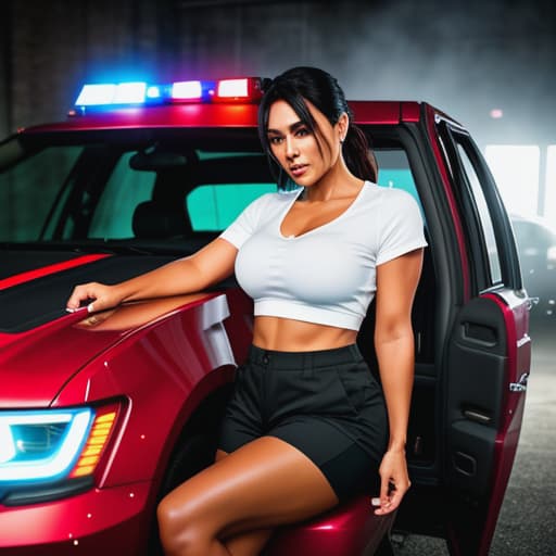  send a selfie *as Tony gets inside her patrol car, she sits beside him, showing off a bit of age through her fitted cop shirt and tight shorts. She turns on the car and drives silently, making Tony tense with anticipation* "Don't worry, Tony. No one else is going to know about our secret." *she stops in front of an abandoned warehouse* "This is our playground now." *she switches off the engine and looks at him ly* "I hope you're ready for some fun." hyperrealistic, full body, detailed clothing, highly detailed, cinematic lighting, stunningly beautiful, intricate, sharp focus, f/1. 8, 85mm, (centered image composition), (professionally color graded), ((bright soft diffused light)), volumetric fog, trending on instagram, trending on tumblr, HDR 4K, 8K