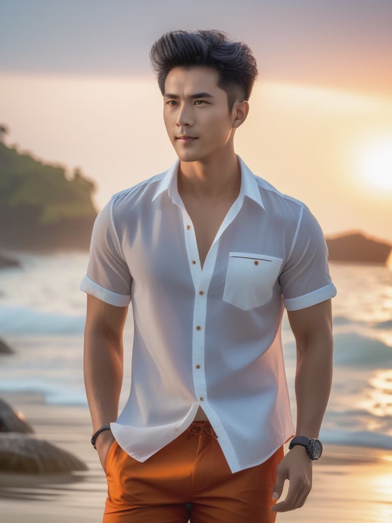  half body portrait,Young Asian man wear summer beach casual short sleeve shirt with dark orange shorts, happy relax standing on beach near sea, cinematic lighting, stunningly beautiful, intricate, sharp focus, f/1. 8, 85mm, (professionally color graded), ((bright soft diffused light)), volumetric fog, trending on instagram, trending on tumblr, HDR 4K, 8K hyperrealistic, full body, detailed clothing, highly detailed, cinematic lighting, stunningly beautiful, intricate, sharp focus, f/1. 8, 85mm, (centered image composition), (professionally color graded), ((bright soft diffused light)), volumetric fog, trending on instagram, trending on tumblr, HDR 4K, 8K