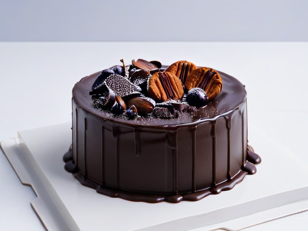  A minimalistic image of a decadent dark chocolate cake topped with a single elegant cocoa bean, set against a stark white background. The cake is perfectly glazed, with rich, glossy chocolate dripping down the sides, showcasing a luxurious and intense bittersweet flavor profile. The lighting is soft, emphasizing the smooth textures and deep hues of the dessert, creating a visually striking and sophisticated composition that captures the essence of integrating intense flavors in pastry. hyperrealistic, full body, detailed clothing, highly detailed, cinematic lighting, stunningly beautiful, intricate, sharp focus, f/1. 8, 85mm, (centered image composition), (professionally color graded), ((bright soft diffused light)), volumetric fog, trending on instagram, trending on tumblr, HDR 4K, 8K