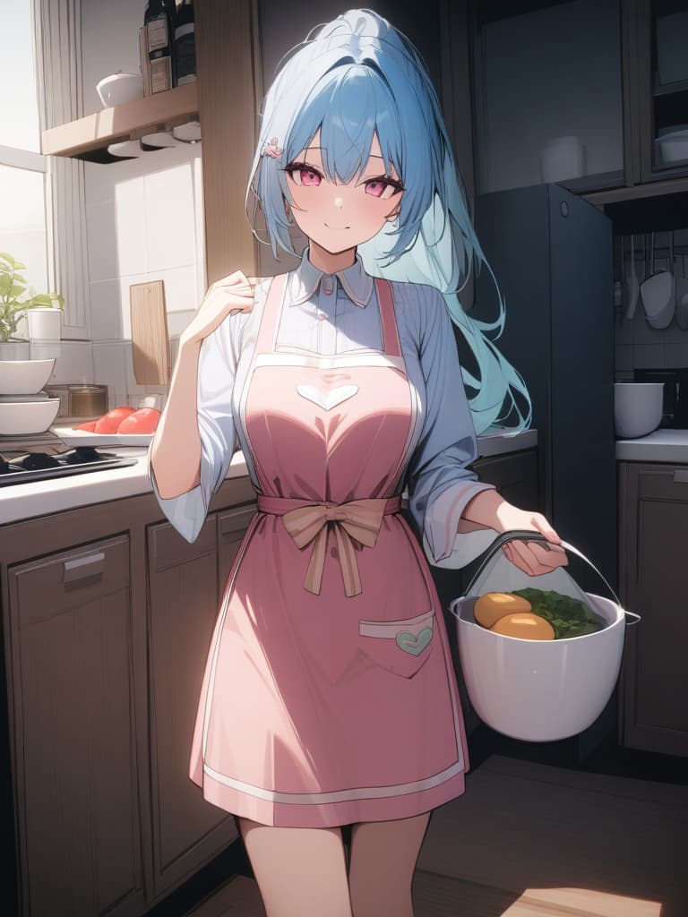  Cute,beautiful girl,apron,married woman,light blue hair,pink eyes,wife,heart hairpin,smile,kitchen,pink apron,holding a tump in hand,kitchen slippers ponytail、(absurd detailed:1.4、best quality:1.4、masterpiece:1.4)、, masterpiece, best quality,8k,ultra detailed,high resolution,an extremely delicate and beautiful,hyper detail