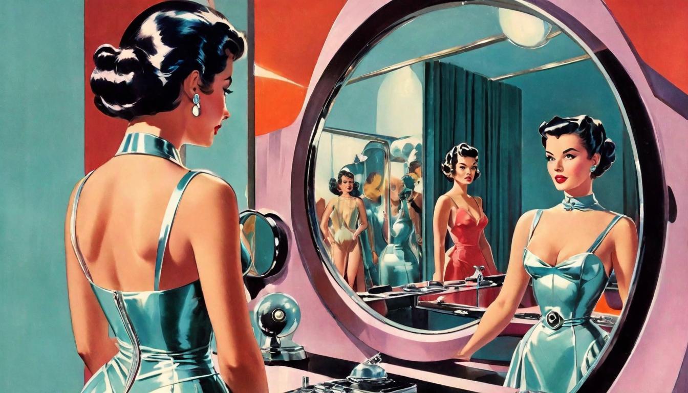  retro futuristic A figure standing before a mirror, their reflection fracturing into myriad possibilities personal upheaval, sudden change lvintage sci fi, 50s and 60s style, atomic age, vibrant, highly detailed