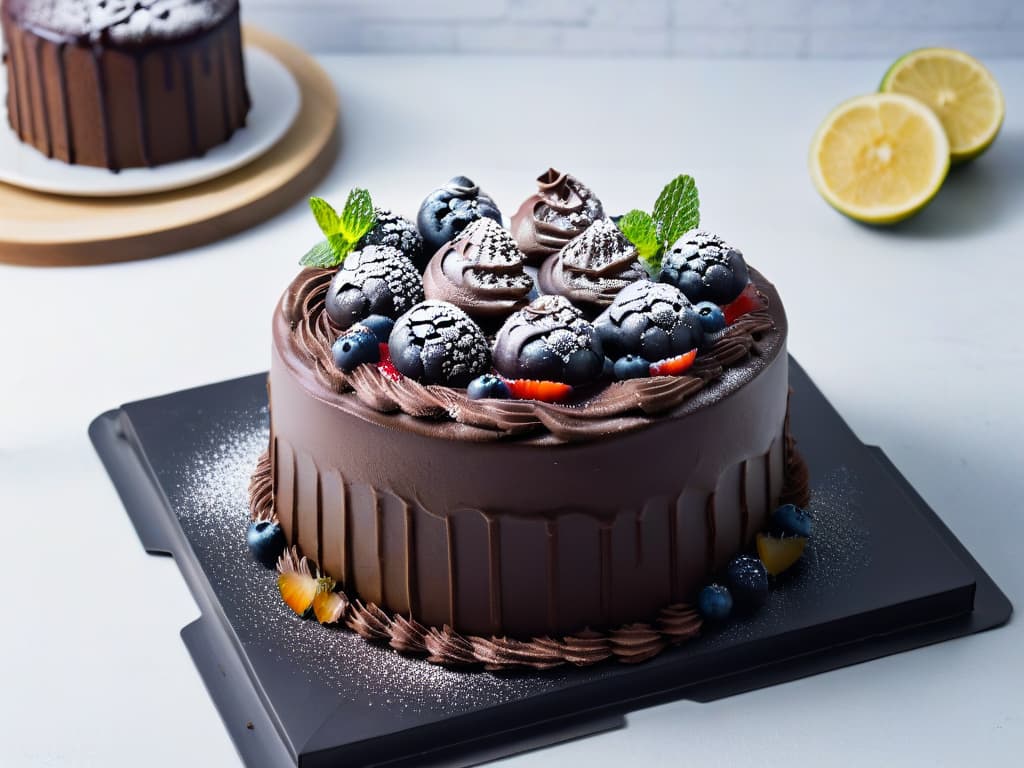  A closeup, ultradetailed image of a perfectly frosted vegan chocolate cake, topped with fresh berries and mint leaves, set on a sleek, matte black platter. The frosting is flawlessly smooth, reflecting a soft, ambient light that highlights the intricate swirls and textures. The vibrant colors of the berries and mint contrast beautifully against the deep, rich tones of the cake, creating a visually stunning and appetizing composition. hyperrealistic, full body, detailed clothing, highly detailed, cinematic lighting, stunningly beautiful, intricate, sharp focus, f/1. 8, 85mm, (centered image composition), (professionally color graded), ((bright soft diffused light)), volumetric fog, trending on instagram, trending on tumblr, HDR 4K, 8K