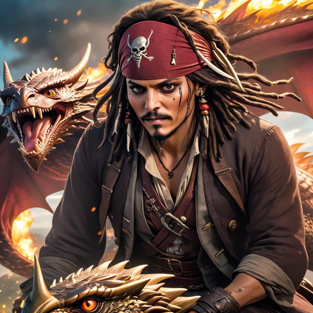  dreamscape (splattered masterpiece: 1.5), (best quality: 1.2), (aesthetics), sharpen the details, (complex details: 1.2), (detailed face, detailed body, detailed eyes, bright eyes, create an animated illustration in 8K format, (realism). Jack Sparrow flies astride a mythical dragon sitting on a dragon in the sky laughing. He holds a rum in his hands . surreal, ethereal, dreamy, mysterious, fantasy, highly detailed hyperrealistic, full body, detailed clothing, highly detailed, cinematic lighting, stunningly beautiful, intricate, sharp focus, f/1. 8, 85mm, (centered image composition), (professionally color graded), ((bright soft diffused light)), volumetric fog, trending on instagram, trending on tumblr, HDR 4K, 8K