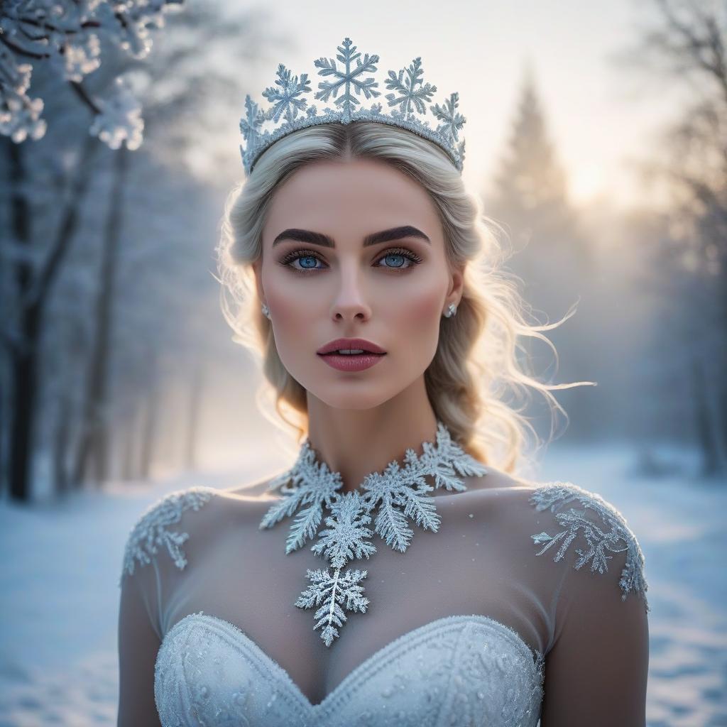  cinematic photo (masterpiece, formal art, rich background: 1.2), The Snow Queen. double exposure. portrait, with cute face, beautiful face, realistic shades, Perfect face, fine details, open mouth, crisp white teeth, wide eyebrows, realistic shaded lighting. The snow white dress is with snowflake lace. A crown of snowflakes and ice. Snow is flying all around. The picture smells cold. Everything is flooded with a cold bluish light. . 35mm photograph, film, bokeh, professional, 4k, highly detailed hyperrealistic, full body, detailed clothing, highly detailed, cinematic lighting, stunningly beautiful, intricate, sharp focus, f/1. 8, 85mm, (centered image composition), (professionally color graded), ((bright soft diffused light)), volumetric fog, trending on instagram, trending on tumblr, HDR 4K, 8K