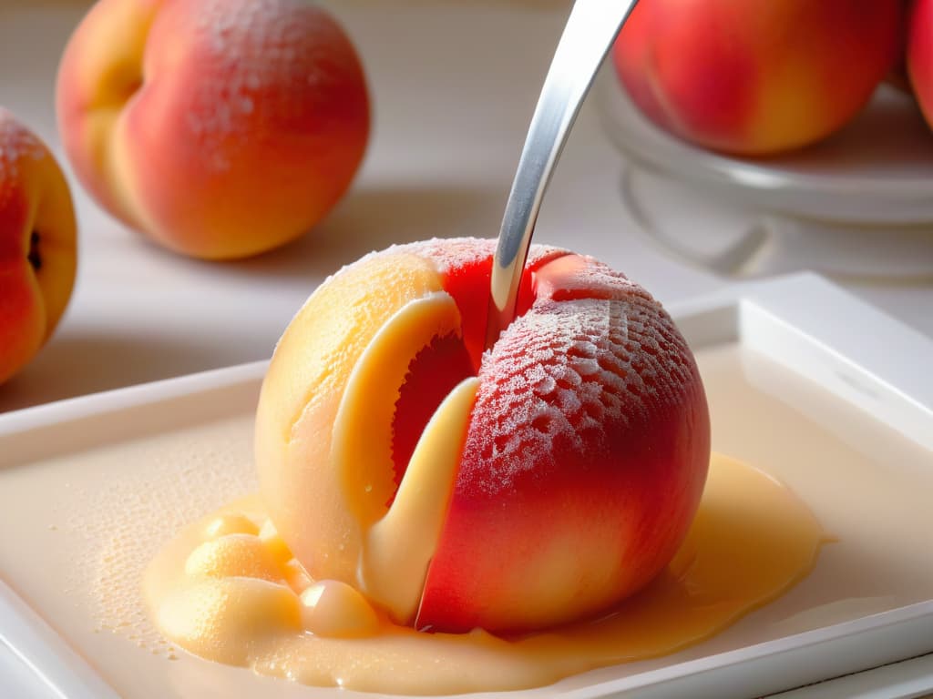  A closeup, ultradetailed image of a scoop of peach sorbet being delicately placed on top of a perfectly ripe peach half, with small droplets of condensation glistening on the surface of the sorbet, highlighting the refreshing and vibrant colors of the dessert. The texture and details of the peach sorbet are so lifelike that viewers can almost taste the sweet and tangy flavors just by looking at the image. hyperrealistic, full body, detailed clothing, highly detailed, cinematic lighting, stunningly beautiful, intricate, sharp focus, f/1. 8, 85mm, (centered image composition), (professionally color graded), ((bright soft diffused light)), volumetric fog, trending on instagram, trending on tumblr, HDR 4K, 8K