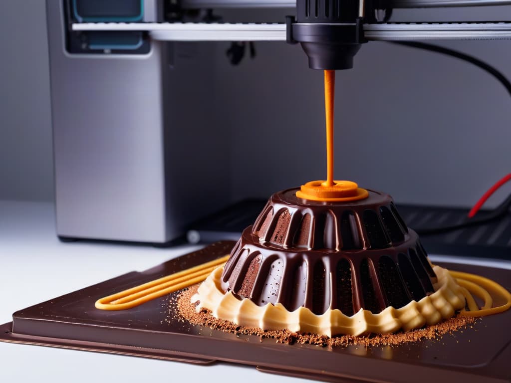  An ultradetailed, photorealistic image of a 3D printer extruding a filament made of chocolate, showcasing intricate details of the nozzle, layers of chocolate being deposited, and the glossy finish of the printed edible object taking shape, set against a sleek, modern backdrop with soft lighting to highlight the precision and artistry of the process. hyperrealistic, full body, detailed clothing, highly detailed, cinematic lighting, stunningly beautiful, intricate, sharp focus, f/1. 8, 85mm, (centered image composition), (professionally color graded), ((bright soft diffused light)), volumetric fog, trending on instagram, trending on tumblr, HDR 4K, 8K