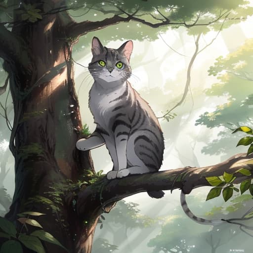  Imaginative drawing of a tree with thick scribbles and colorful patterns on its bark, with the curious grey cat climbing it excitedly, surrounded by green foliage, best quality, very detailed, high resolution, sharp, sharp image hyperrealistic, full body, detailed clothing, highly detailed, cinematic lighting, stunningly beautiful, intricate, sharp focus, f/1. 8, 85mm, (centered image composition), (professionally color graded), ((bright soft diffused light)), volumetric fog, trending on instagram, trending on tumblr, HDR 4K, 8K