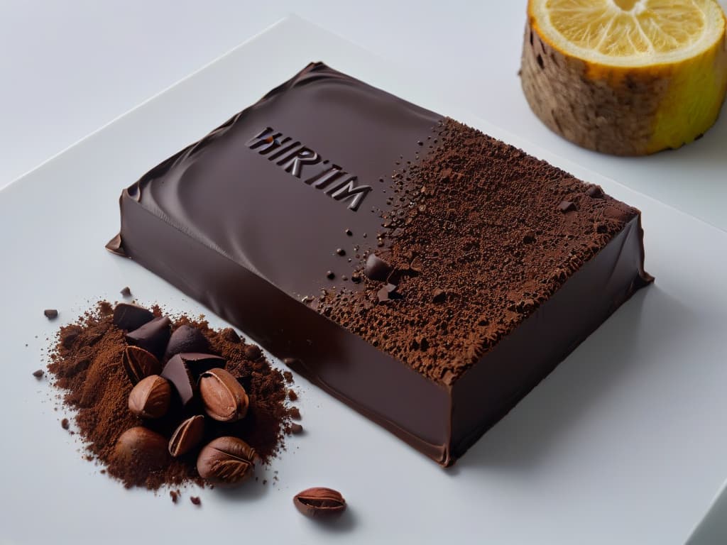  A minimalistic image of a shiny, dark chocolate bar with intricate cacao bean illustrations embossed on its surface, set against a clean, white background. The light catches the edges of the bar, highlighting its smooth texture and rich color, creating an elegant and enticing visual representation of premium beantobar chocolate selection. hyperrealistic, full body, detailed clothing, highly detailed, cinematic lighting, stunningly beautiful, intricate, sharp focus, f/1. 8, 85mm, (centered image composition), (professionally color graded), ((bright soft diffused light)), volumetric fog, trending on instagram, trending on tumblr, HDR 4K, 8K