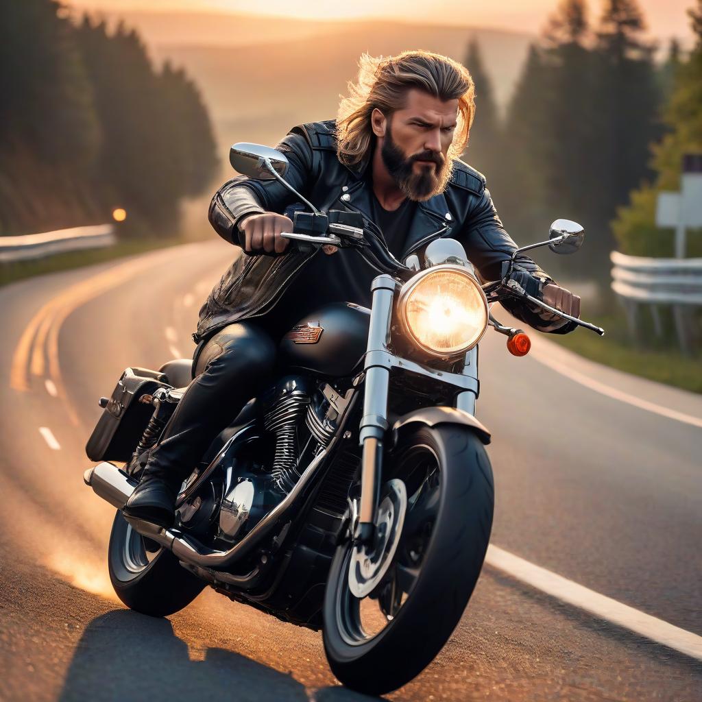  Photo from the side. A tough man on a motorcycle rides along a country road at sunset. He has light wavy hair and a small beard. Wearing a leather jacket. A biker ring on his finger. The motorcycle is a Harley Davidson. High speed. Blur of motion. hyperrealistic, full body, detailed clothing, highly detailed, cinematic lighting, stunningly beautiful, intricate, sharp focus, f/1. 8, 85mm, (centered image composition), (professionally color graded), ((bright soft diffused light)), volumetric fog, trending on instagram, trending on tumblr, HDR 4K, 8K