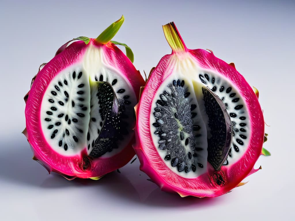  An ultradetailed, closeup image of a vibrant dragon fruit sliced in half, showcasing its unique fuchsia flesh speckled with tiny black seeds, set against a stark white background to emphasize its exotic and visually striking nature. hyperrealistic, full body, detailed clothing, highly detailed, cinematic lighting, stunningly beautiful, intricate, sharp focus, f/1. 8, 85mm, (centered image composition), (professionally color graded), ((bright soft diffused light)), volumetric fog, trending on instagram, trending on tumblr, HDR 4K, 8K