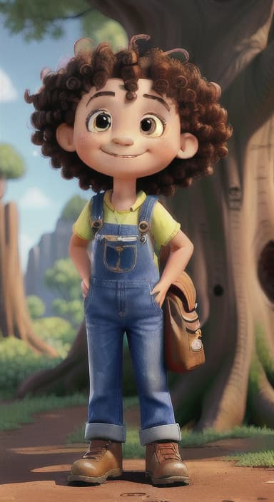  {The tree with a smiling face formed by its bark, looking down at Riley., Riley, a curious with big brown eyes and curly hair, wearing overalls and carrying a small backpack. Their friend, Skye, a bluebird with shiny feathers.