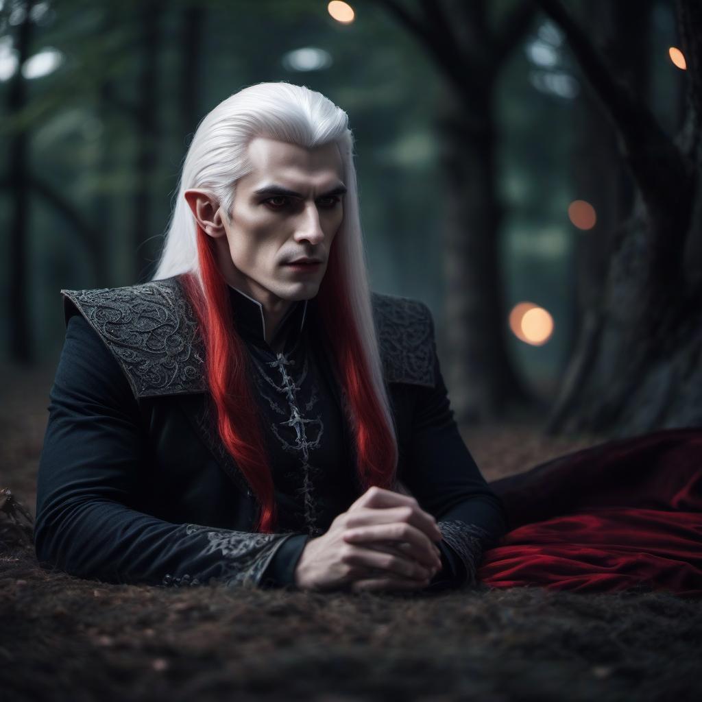  cinematic photo A vampire with elfish ears, he has white hair, a sullen look with a twist, on his lies a sleeping with long red hair. . 35mm photograph, film, bokeh, professional, 4k, highly detailed hyperrealistic, full body, detailed clothing, highly detailed, cinematic lighting, stunningly beautiful, intricate, sharp focus, f/1. 8, 85mm, (centered image composition), (professionally color graded), ((bright soft diffused light)), volumetric fog, trending on instagram, trending on tumblr, HDR 4K, 8K