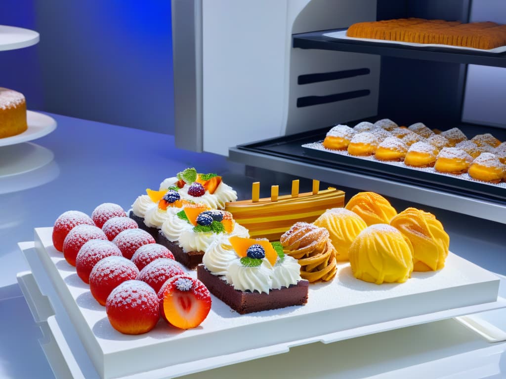  An ultradetailed image of a sleek, modern kitchen with pristine white countertops, hightech appliances, and an array of colorful, intricately designed pastries displayed elegantly on minimalist platters. Each pastry is a work of art, showcasing the latest trends in pastry innovation with precise piping, delicate decorations, and avantgarde flavor combinations. The image exudes a sense of professionalism and creativity, inviting viewers to explore the world of online pastry courses and unlock their own culinary potential. hyperrealistic, full body, detailed clothing, highly detailed, cinematic lighting, stunningly beautiful, intricate, sharp focus, f/1. 8, 85mm, (centered image composition), (professionally color graded), ((bright soft diffused light)), volumetric fog, trending on instagram, trending on tumblr, HDR 4K, 8K