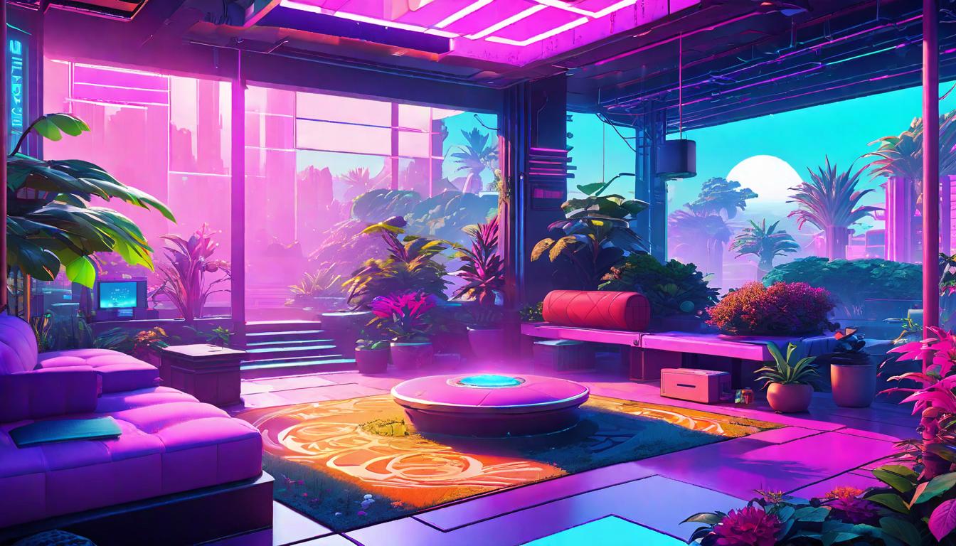  vaporwave,cyberpunk game style A collection of serene spaces, each dedicated to different self care activities: a peaceful garden for meditation, a cozy nook filled with journals, and a vibrant area set for physical activities, Sanctuary for self, variety and balanceeon, dystopian, futuristic, digital, vibrant, detailed, high contrast, reminiscent of cyberpunk genre video games,retro aesthetic, cyberpunk, vibrant, neon colors, vintage 80s and 90s style, highly detailed