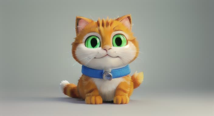  {Whiskers snuggled up in his cozy home, a content smile on his face as he lies on a soft cushion., Whiskers is a small, fluffy cat with bright, green eyes and soft, orange fur. He wears a little blue collar with a shiny silver tag. Whiskers is always curious and loves to explore.