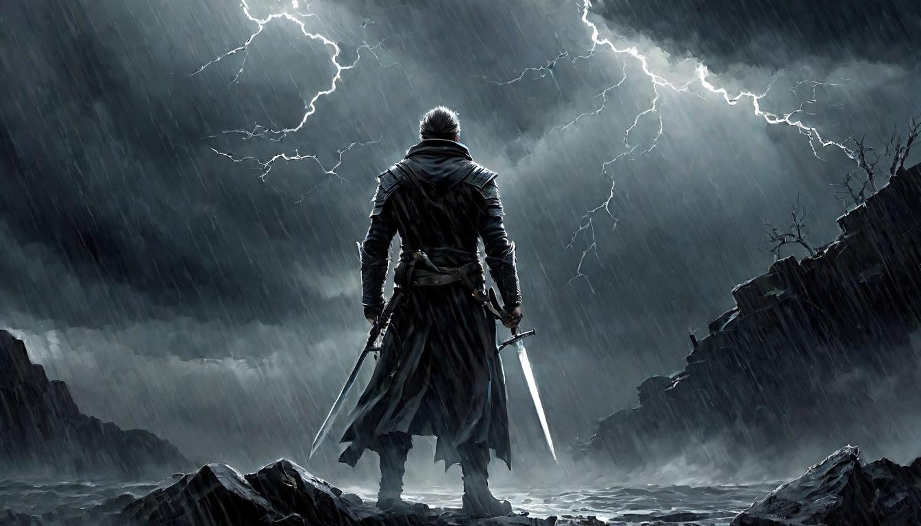  digital painting of A figure standing defiantly against a stormy background, confronting horrors, resilience, dark against light, hope amidst despair looking at viewer, dynamic pose, (intricate details, masterpiece, best quality)