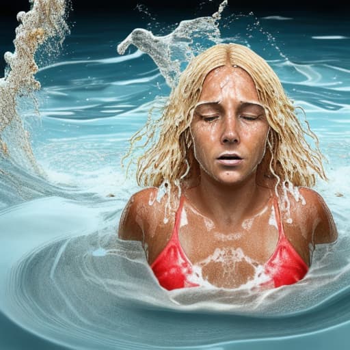  tanned blonde woman's face is in the water she's sinking and drowning she's panic a lot of water waves and splashes around her