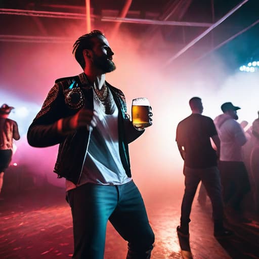  a guy dancing in a rave party, cigaret in left hand, beer in right hand hyperrealistic, full body, detailed clothing, highly detailed, cinematic lighting, stunningly beautiful, intricate, sharp focus, f/1. 8, 85mm, (centered image composition), (professionally color graded), ((bright soft diffused light)), volumetric fog, trending on instagram, trending on tumblr, HDR 4K, 8K