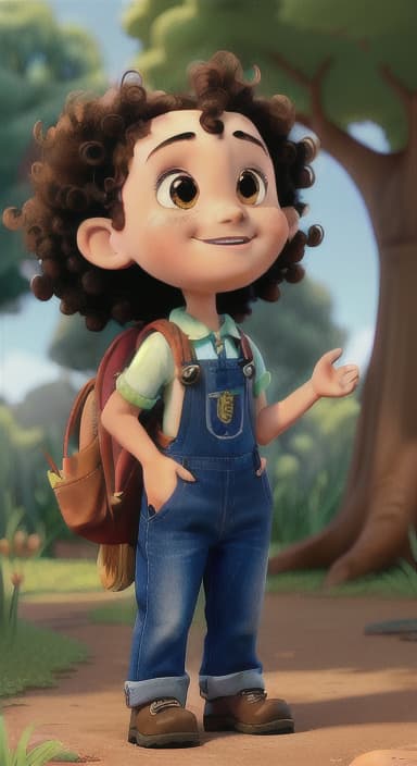  {Riley looking up at the tree with a big smile, animals surrounding them., Riley, a curious with big brown eyes and curly hair, wearing overalls and carrying a small backpack. Their friend, Skye, a bluebird with shiny feathers.