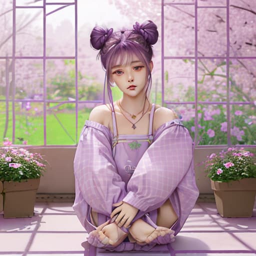  purple. twin bun hair. hair armament. hair between eyes. hair bun. jewelry. indoors. garden. lattice 8k. oshare kei. girl. cute. kawaii. background cute cosmetics. blurred blush painting. full body.