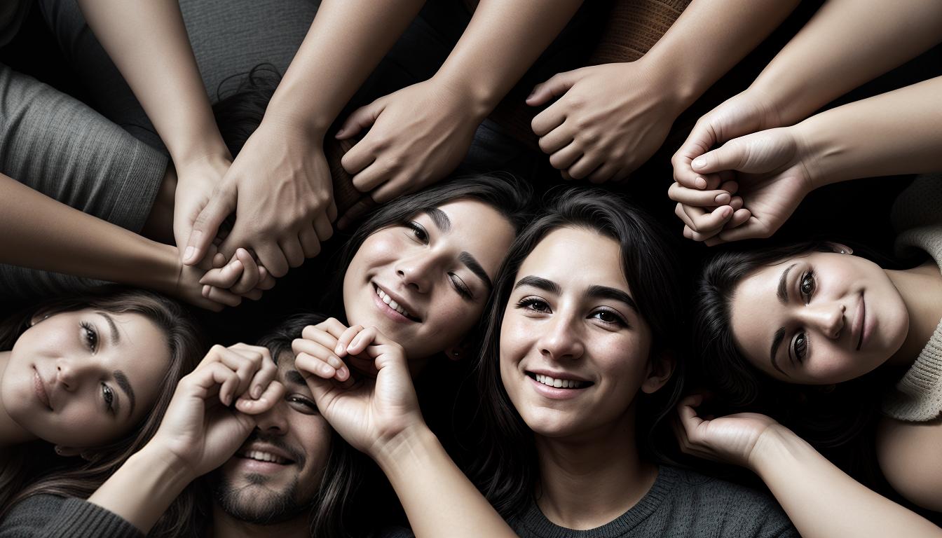  cinematic, aesthetic, A tightly knit group of people holding hands in a circle, close up on their faces showing various emotions: happiness, love, contentment, earthy tones to symbolize stability, strong facial expressions portraying strong familial ties, bond, unity, strength, 4k, HDR, lens flare