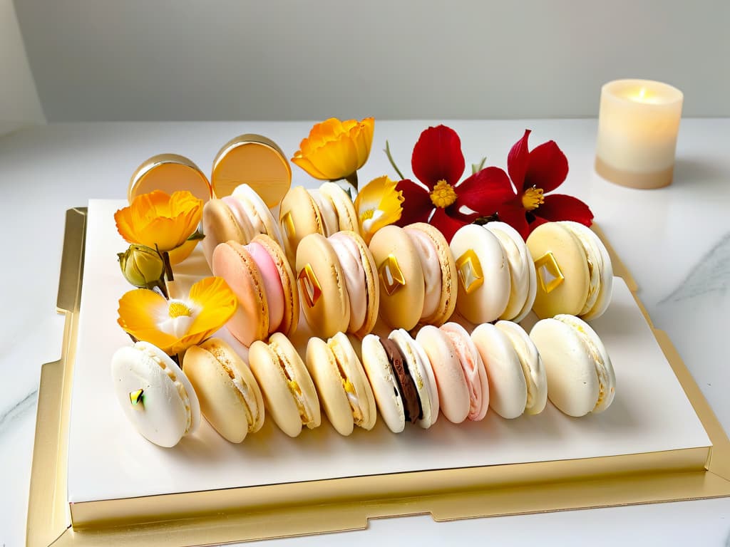  An intricately designed minimalist dessert platter featuring a symmetrical arrangement of delicate pastries like macarons, éclairs, and petit fours in soft pastel colors, adorned with edible flowers and gold leaf accents, placed on a sleek marble slab against a white background. hyperrealistic, full body, detailed clothing, highly detailed, cinematic lighting, stunningly beautiful, intricate, sharp focus, f/1. 8, 85mm, (centered image composition), (professionally color graded), ((bright soft diffused light)), volumetric fog, trending on instagram, trending on tumblr, HDR 4K, 8K