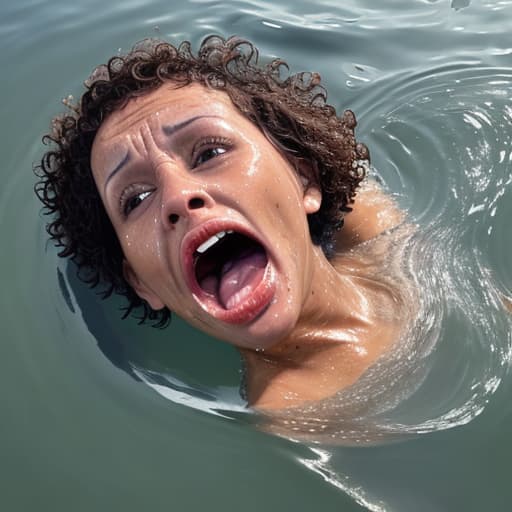  tanned woman's face with short and curly haircut is in the water up to her cheeckboones she's panic and screaming